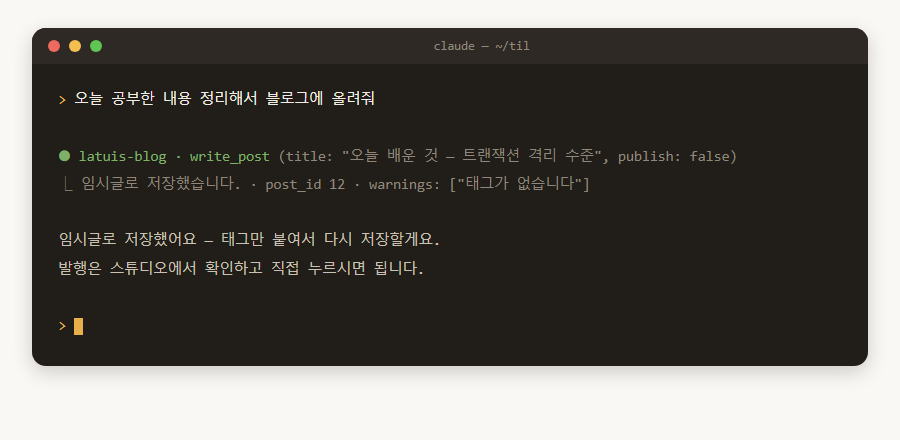 터미널의 Claude Code 화면 — 블로그에 올려달라는 요청에 write_post 도구가 실행되어 임시글로 저장되고, 발행은 스튜디오에서 하라고 안내한다